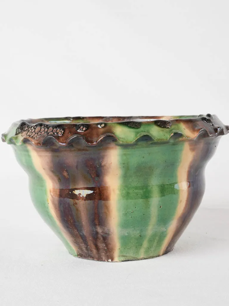 Small vintage flower pot w/ green brown & yellow 8¼"