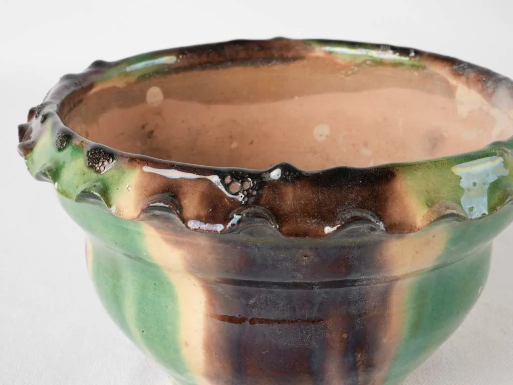 Small vintage flower pot w/ green brown & yellow 8¼"