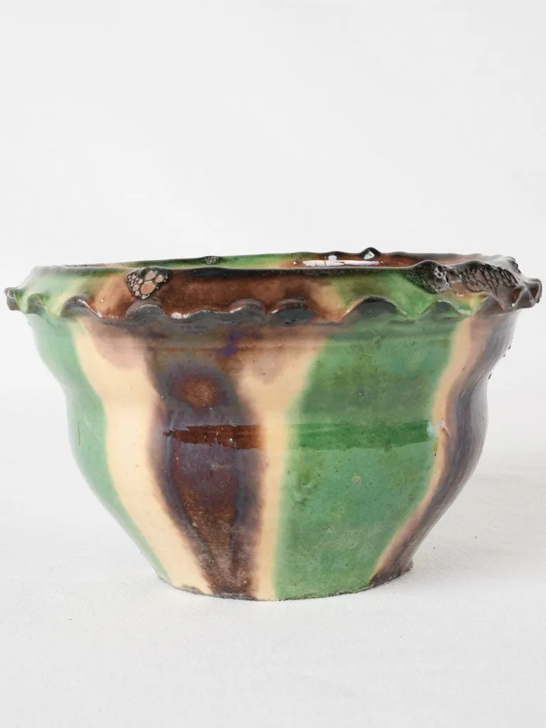 Small vintage flower pot w/ green brown & yellow 8¼"