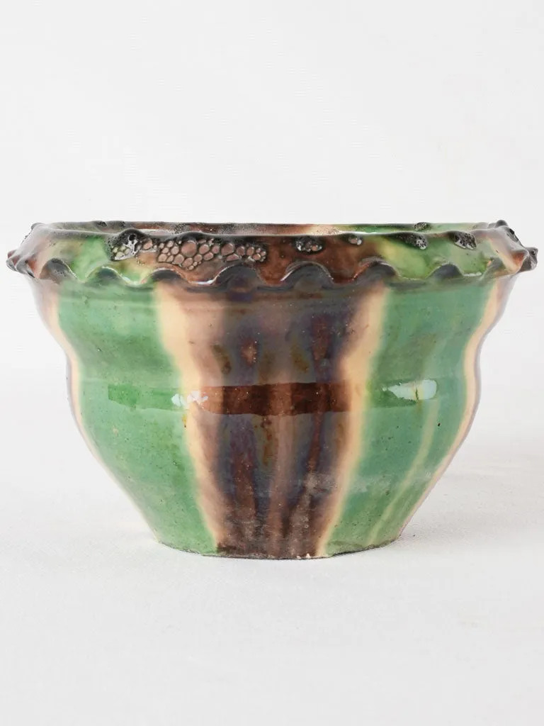 Small vintage flower pot w/ green brown & yellow 8¼"