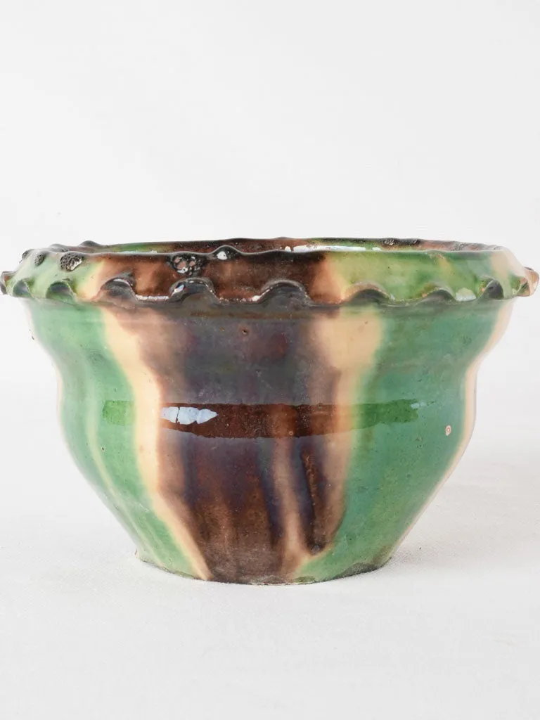 Small vintage flower pot w/ green brown & yellow 8¼"