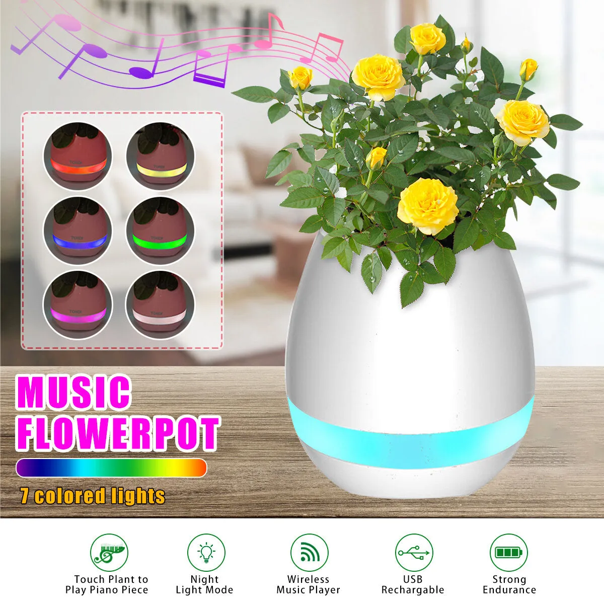 Smart Touch Music Flower Pot - Bluetooth LED Lamp with Seven Color Piano Light