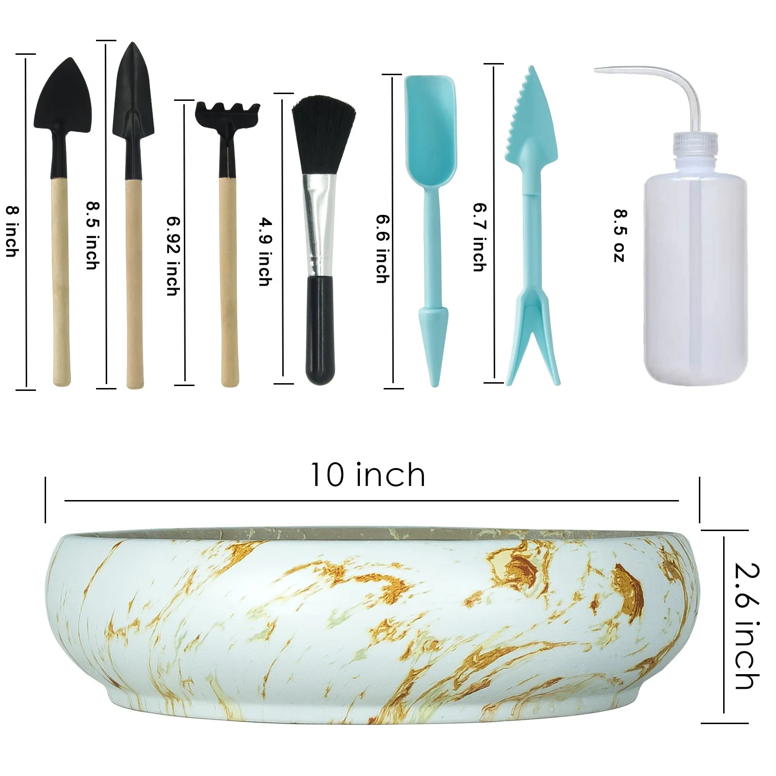 Succulent Pots with Drainage 10 inch - Large Marble Succulent Planters with Stand - Ceramic Bonsai Pot for Indoor Plants Cactus Flower Planter Pot Plus Succulent Planting Tools Set & 2.2lb Mix Pebbles
