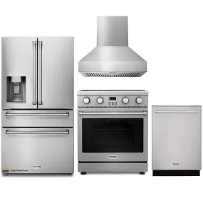 Thor Kitchen 4-Piece Appliance Package - 30-Inch Electric Range, Pro-Style Wall Mount Range Hood, Refrigerator with Water Dispenser, and Dishwasher in Stainless Steel