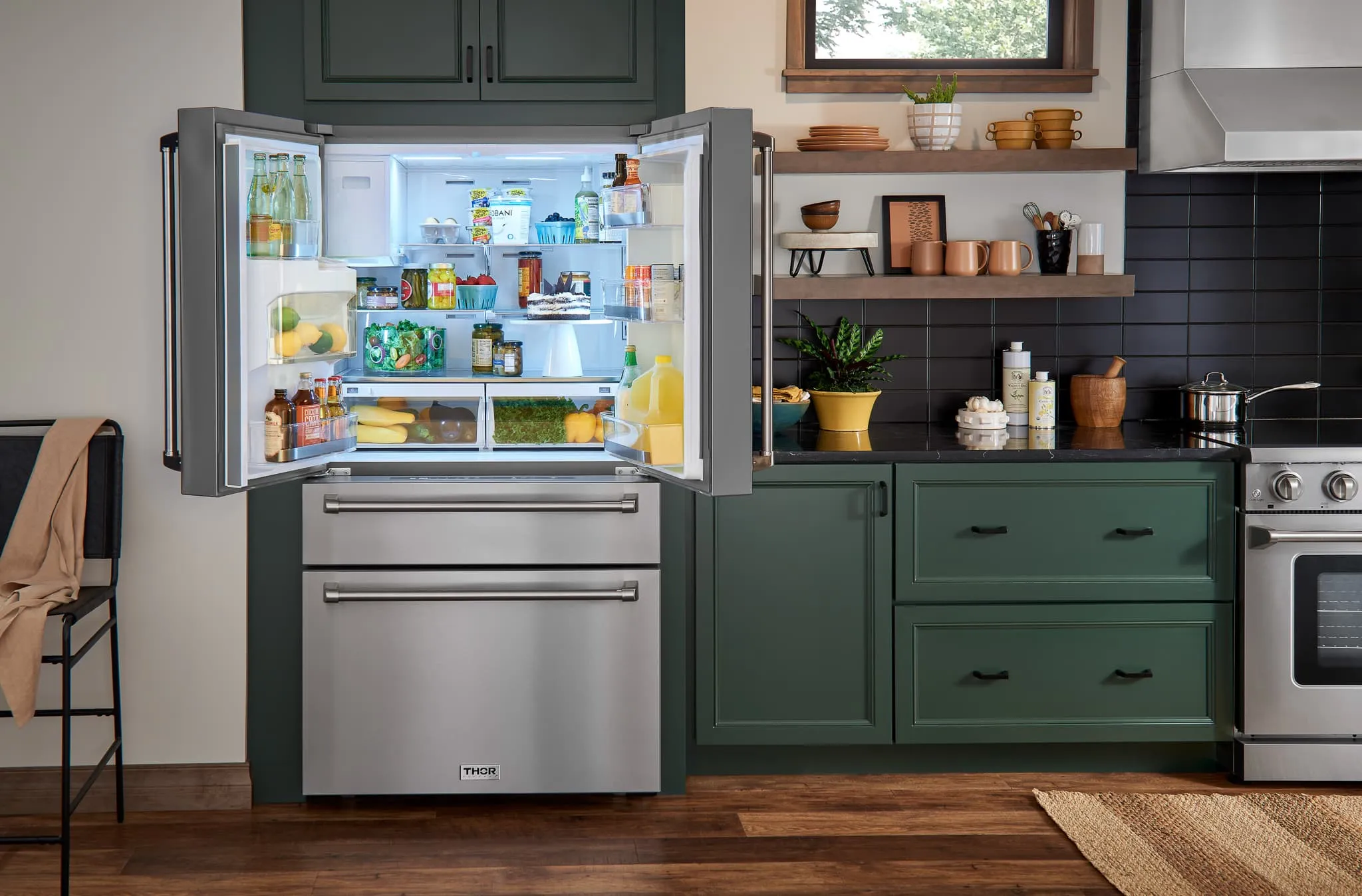 Thor Kitchen 4-Piece Appliance Package - 30-Inch Gas Range with Tilt Panel, Refrigerator with Water Dispenser, Pro-Style Wall Mount Hood, & Dishwasher in Stainless Steel