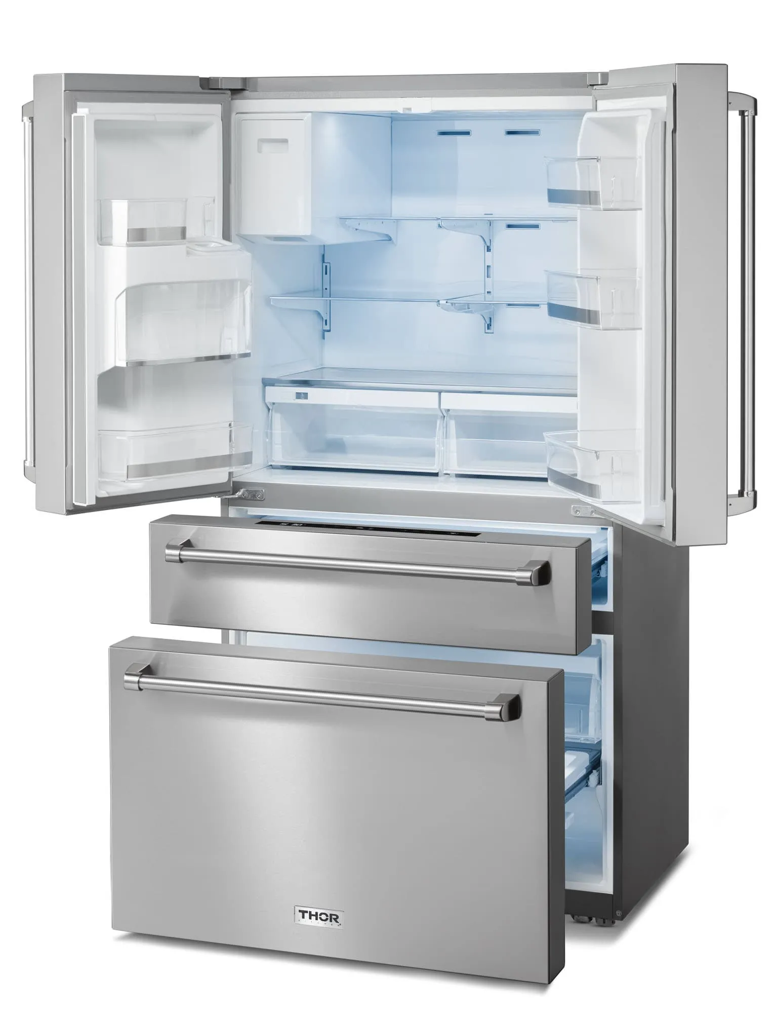 Thor Kitchen 4-Piece Appliance Package - 30-Inch Gas Range with Tilt Panel, Refrigerator with Water Dispenser, Wall Mount Hood, & Dishwasher in Stainless Steel
