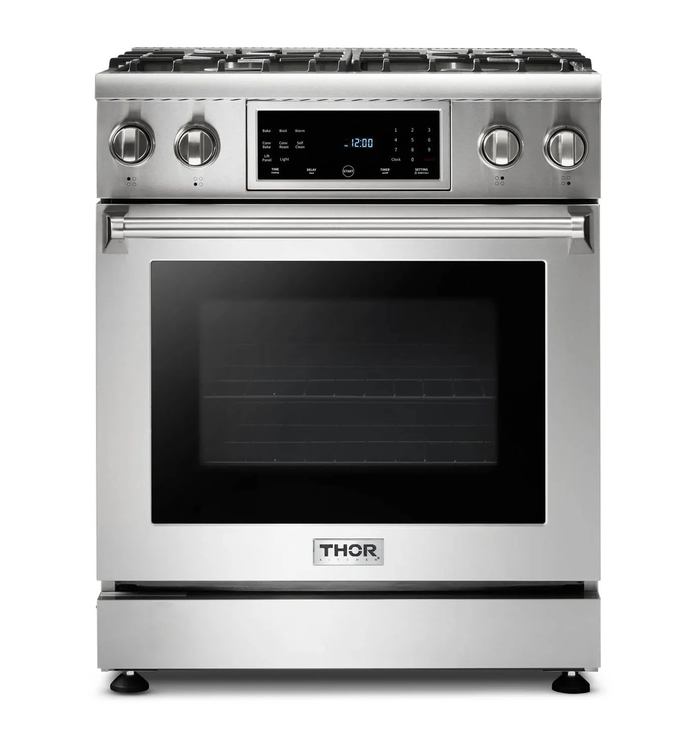 Thor Kitchen 4-Piece Appliance Package - 30-Inch Gas Range with Tilt Panel, Refrigerator with Water Dispenser, Wall Mount Hood, & Dishwasher in Stainless Steel