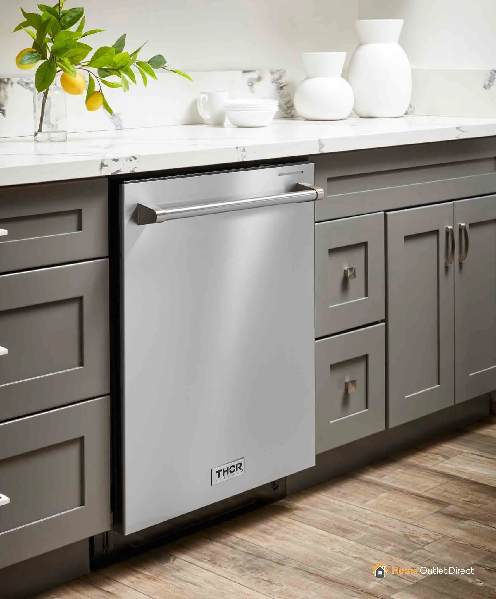 Thor Kitchen 4-Piece Appliance Package - 30-Inch Gas Range with Tilt Panel, Refrigerator with Water Dispenser, Wall Mount Hood, & Dishwasher in Stainless Steel