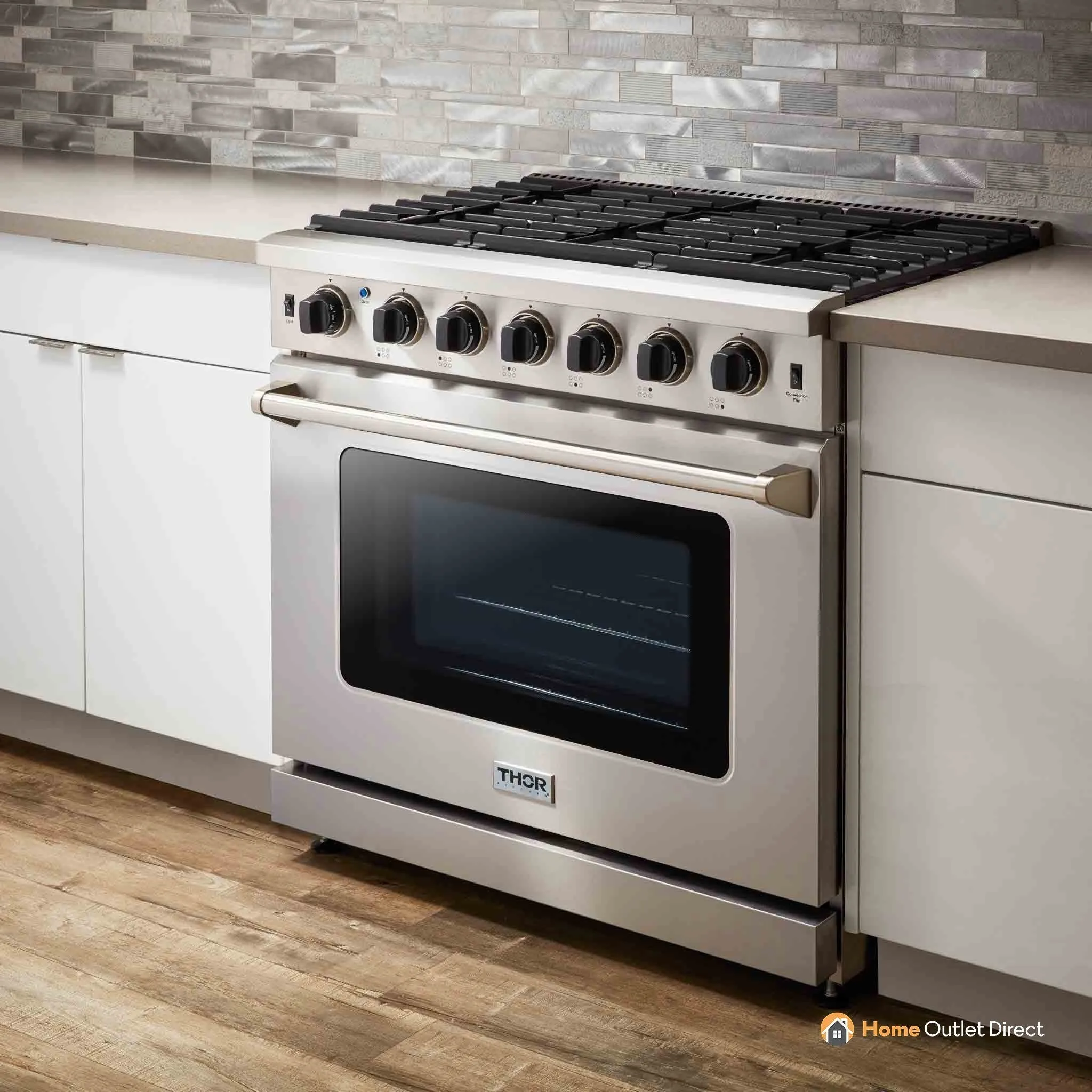 Thor Kitchen 4-Piece Appliance Package - 36-Inch Gas Range, French Door Refrigerator, Pro-Style Wall Mount Hood, and Dishwasher in Stainless Steel