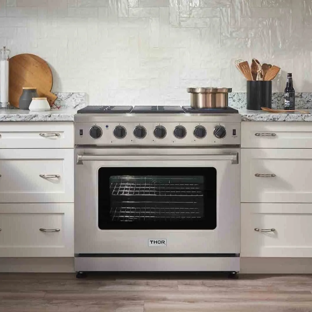 Thor Kitchen 4-Piece Appliance Package - 36-Inch Gas Range, French Door Refrigerator, Pro-Style Wall Mount Hood, and Dishwasher in Stainless Steel