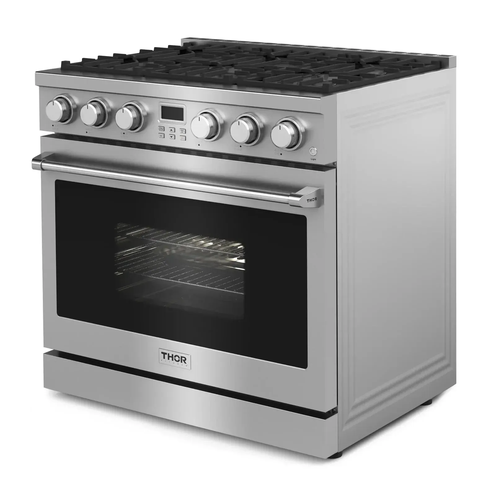 Thor Kitchen 4-Piece Appliance Package - 36-Inch Gas Range, Wall Mount Range Hood, Refrigerator with Water Dispenser, and Dishwasher in Stainless Steel