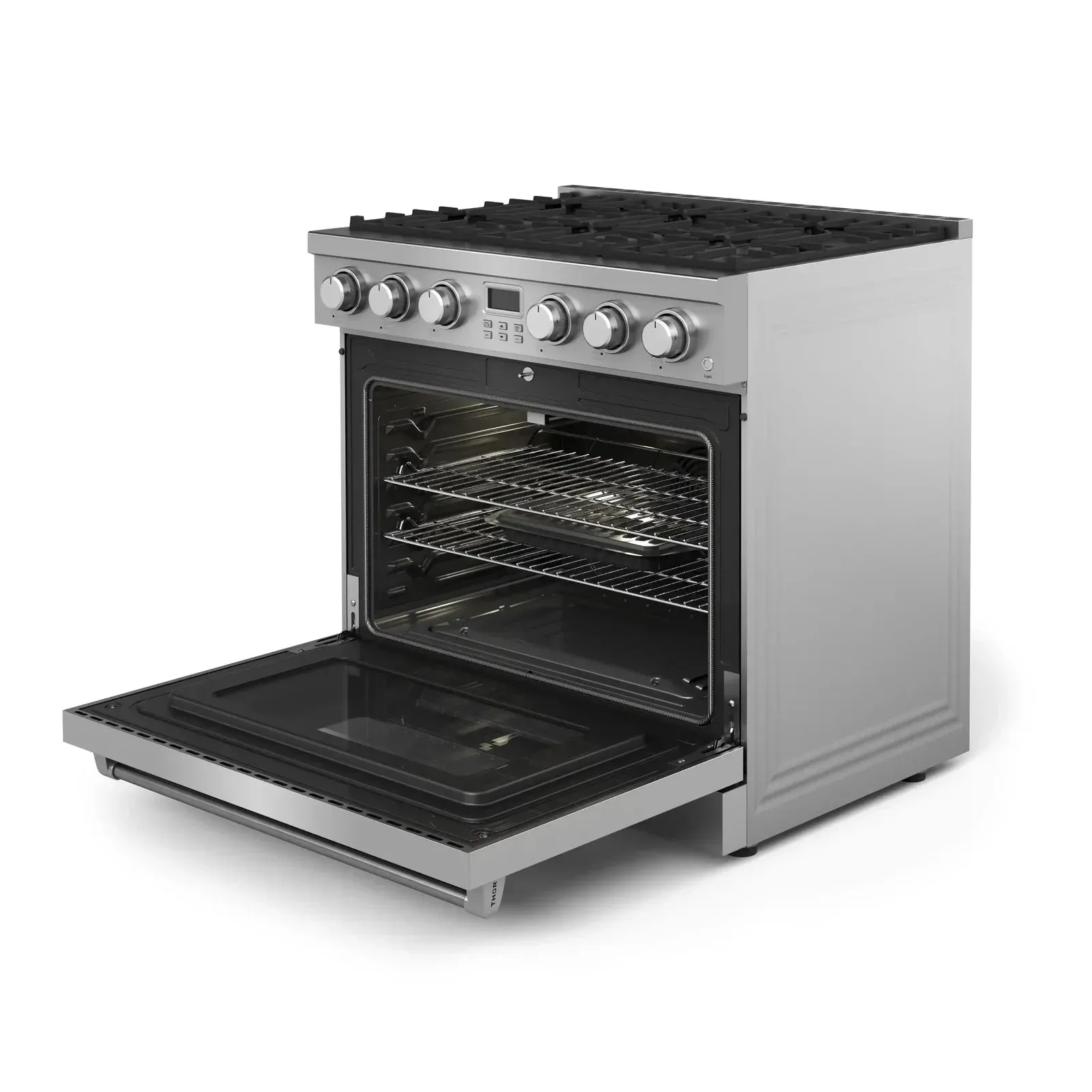 Thor Kitchen 4-Piece Appliance Package - 36-Inch Gas Range, Wall Mount Range Hood, Refrigerator with Water Dispenser, and Dishwasher in Stainless Steel