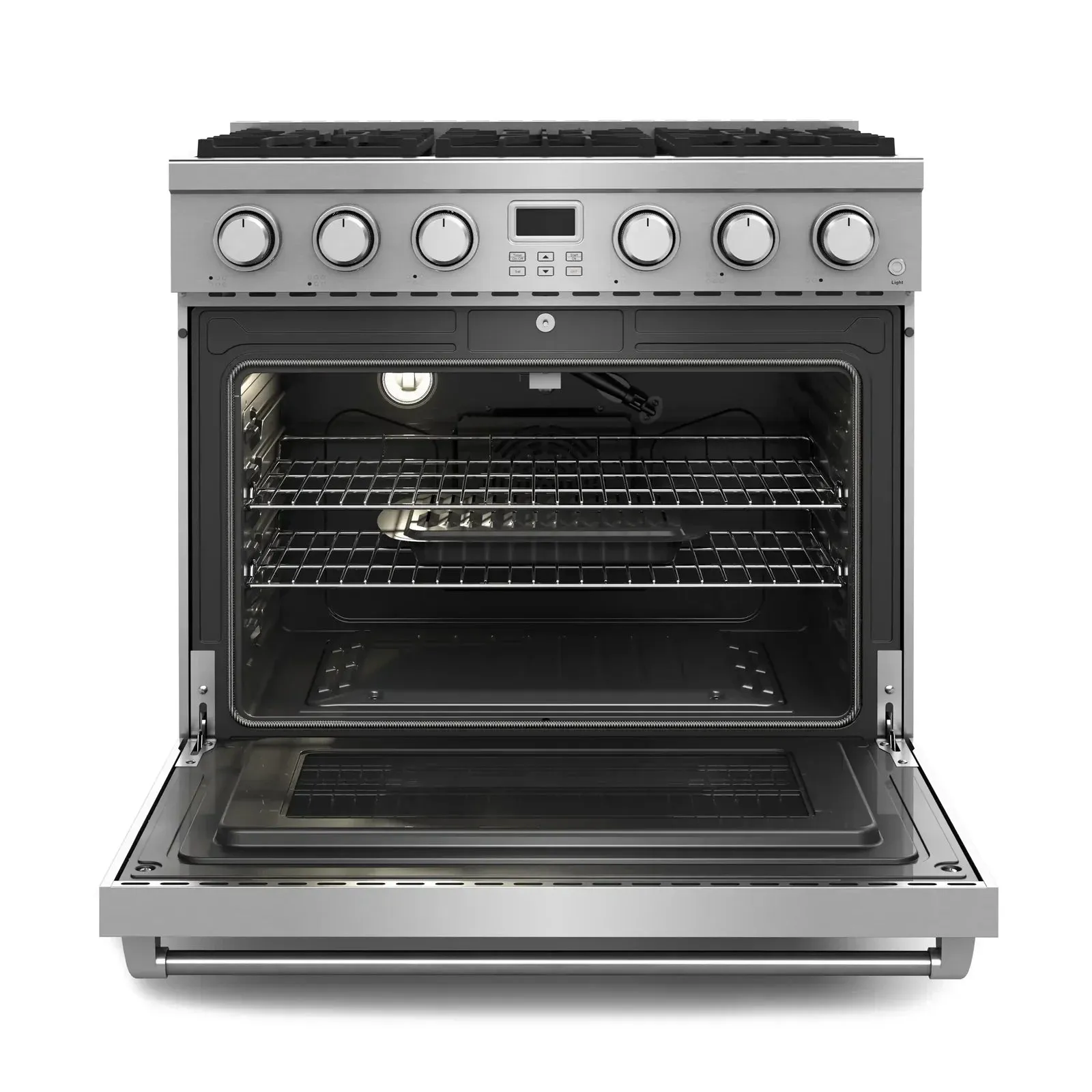 Thor Kitchen 4-Piece Appliance Package - 36-Inch Gas Range, Wall Mount Range Hood, Refrigerator with Water Dispenser, and Dishwasher in Stainless Steel