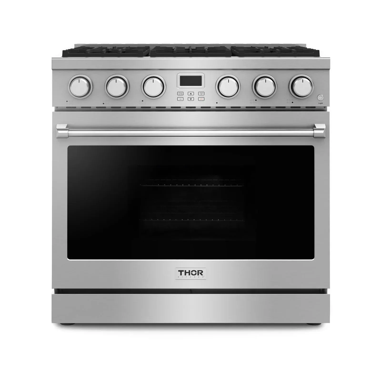 Thor Kitchen 4-Piece Appliance Package - 36-Inch Gas Range, Wall Mount Range Hood, Refrigerator with Water Dispenser, and Dishwasher in Stainless Steel