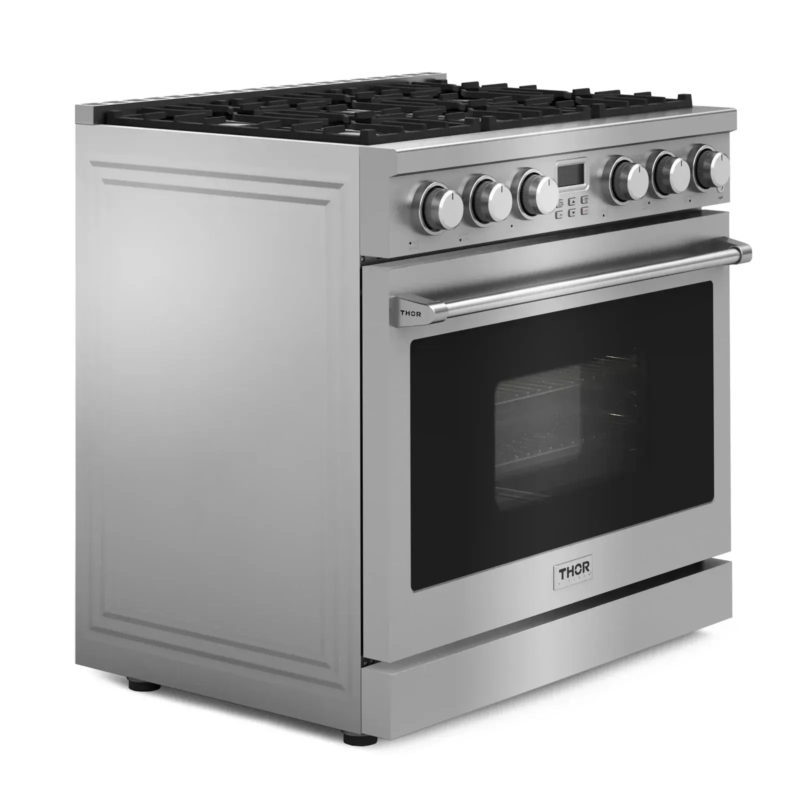 Thor Kitchen 4-Piece Appliance Package - 36-Inch Gas Range, Wall Mount Range Hood, Refrigerator with Water Dispenser, and Dishwasher in Stainless Steel