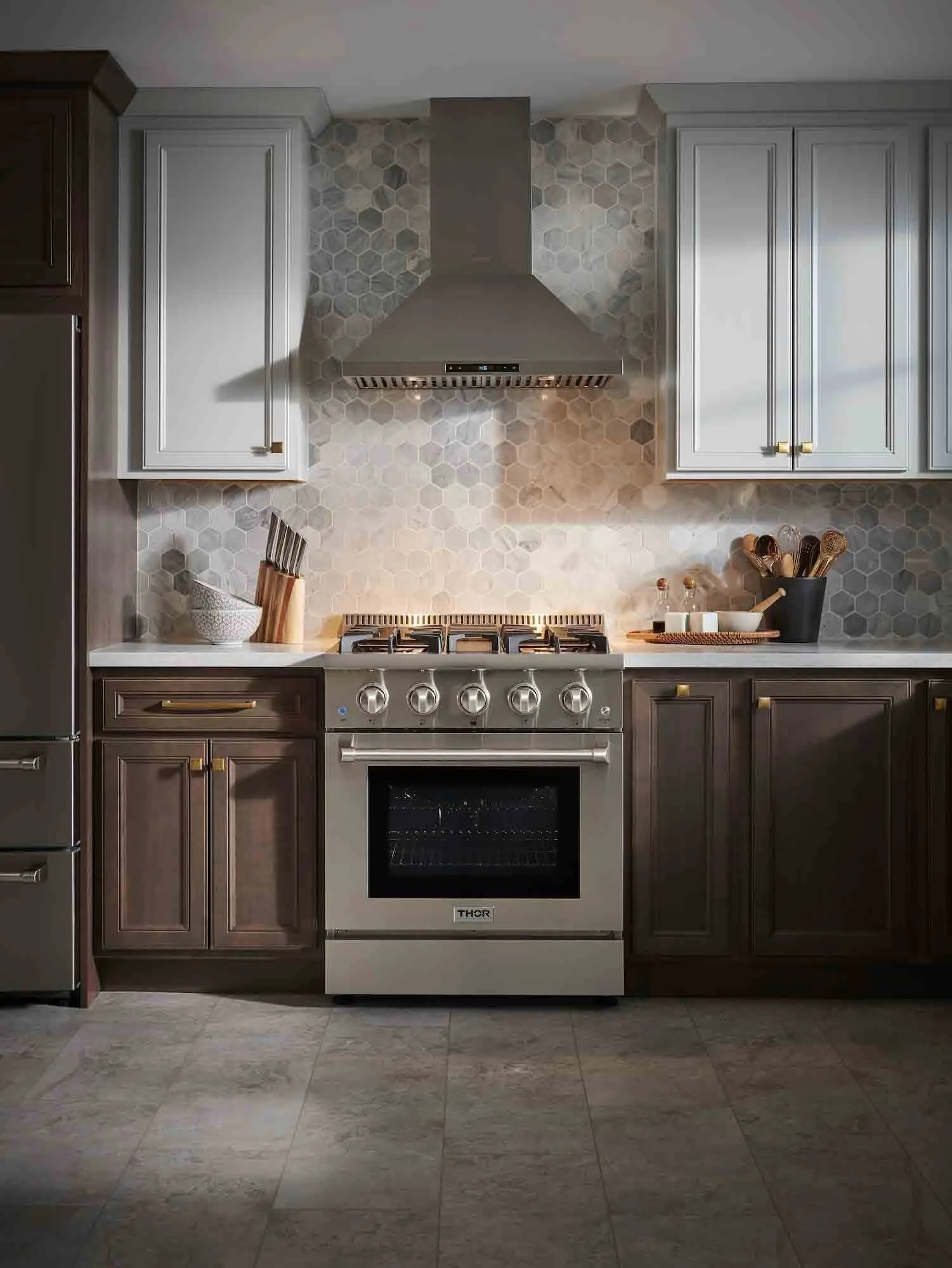 Thor Kitchen 4-Piece Pro Appliance Package - 30-Inch Dual Fuel Range, French Door Refrigerator Pro-Style Wall Mount Hood and Dishwasher in Stainless Steel