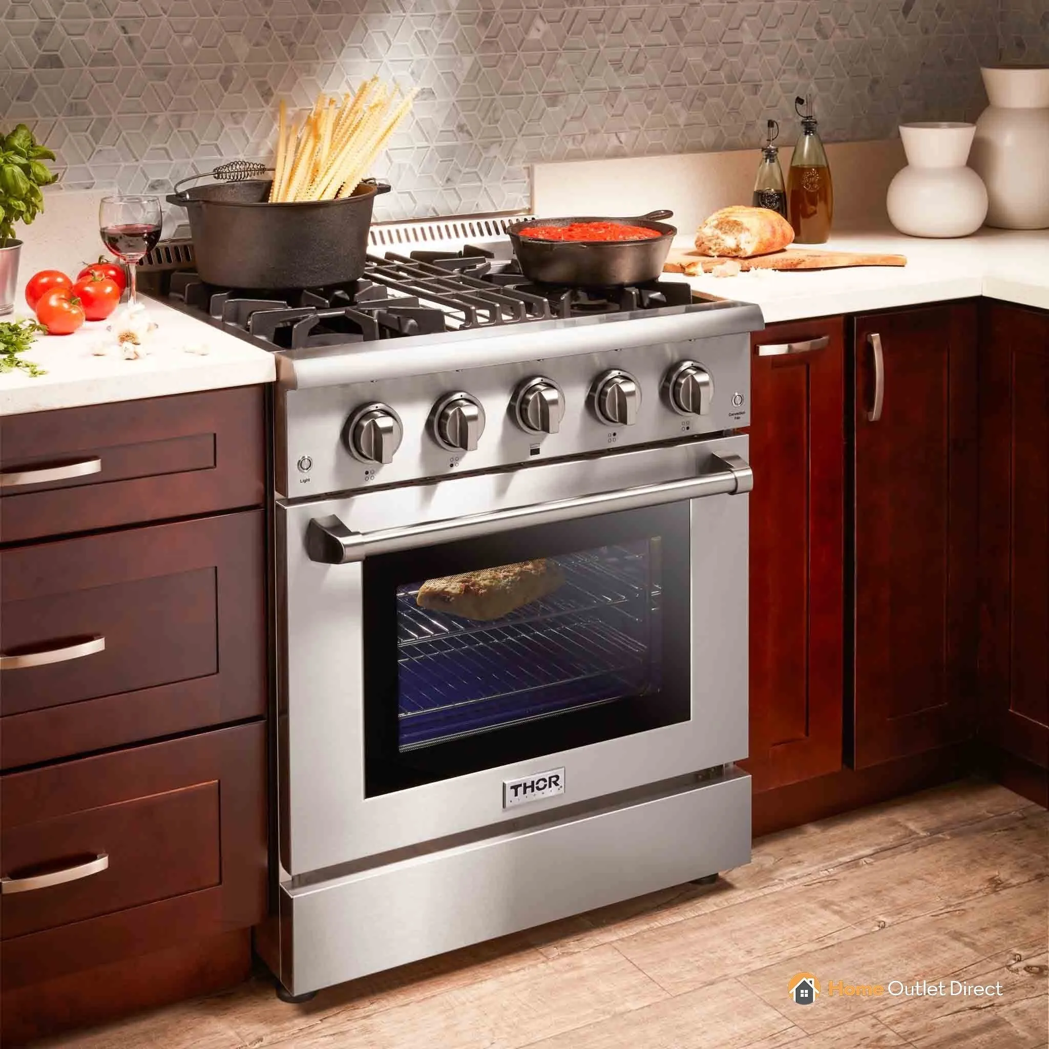 Thor Kitchen 4-Piece Pro Appliance Package - 30-Inch Dual Fuel Range, French Door Refrigerator Pro-Style Wall Mount Hood and Dishwasher in Stainless Steel