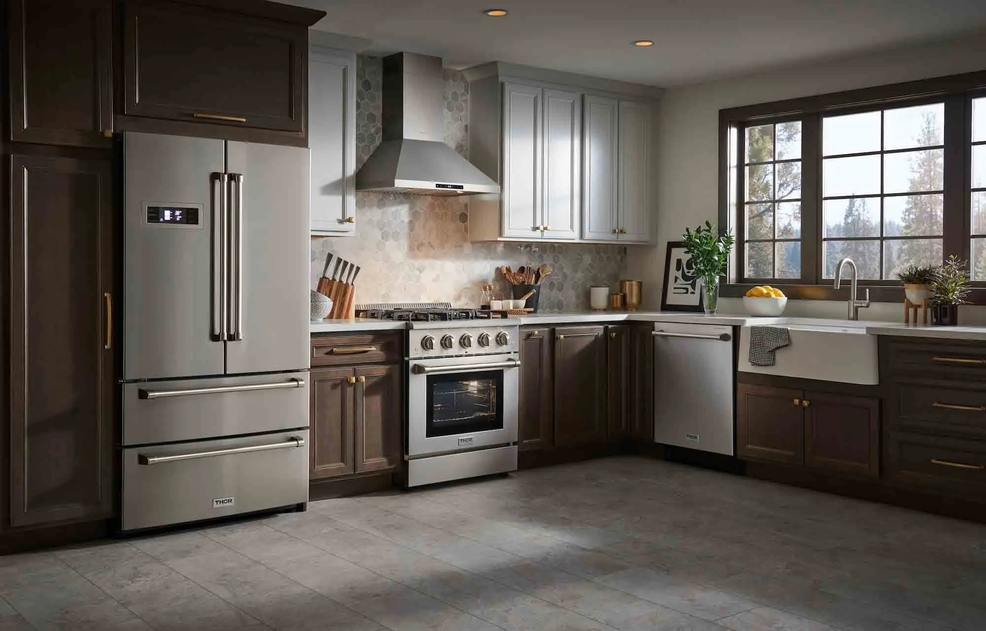 Thor Kitchen 4-Piece Pro Appliance Package - 30-Inch Gas Range, French Door Refrigerator, Pro-StyleWall Mount Hood and Dishwasher in Stainless Steel