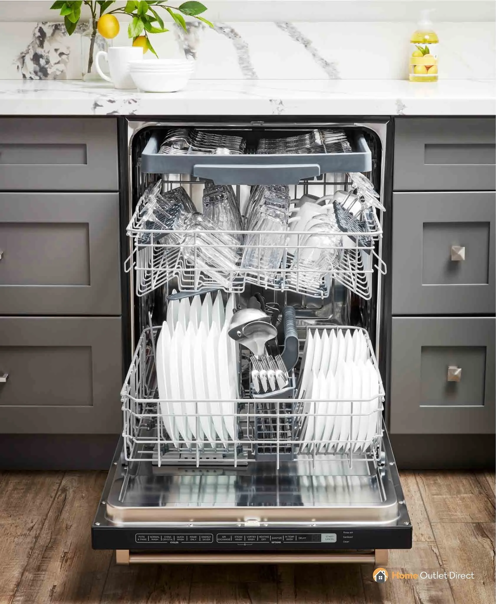 Thor Kitchen 4-Piece Pro Appliance Package - 36-Inch Dual Fuel Range, French Door Refrigerator, Pro-Style Wall Mount Hood and Dishwasher in Stainless Steel