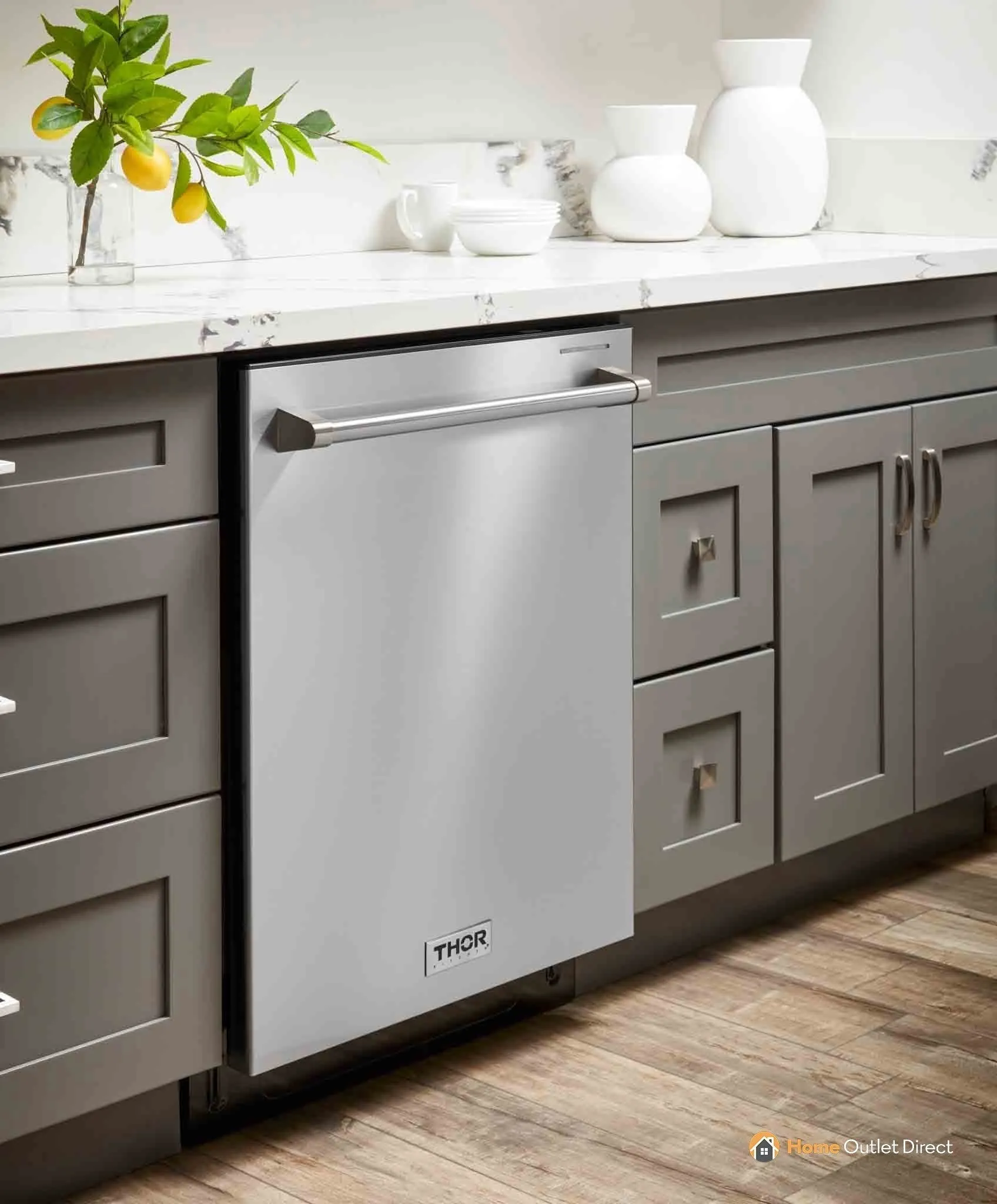 Thor Kitchen 4-Piece Pro Appliance Package - 36-Inch Dual Fuel Range, Refrigerator with Water Dispenser, Pro-Style Wall Mount Hood & Dishwasher in Stainless Steel