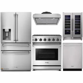 Thor Kitchen 5-Piece Appliance Package - 30-Inch Gas Range, Refrigerator with Water Dispenser, Under Cabinet Hood, Dishwasher, & Wine Cooler in Stainless Steel