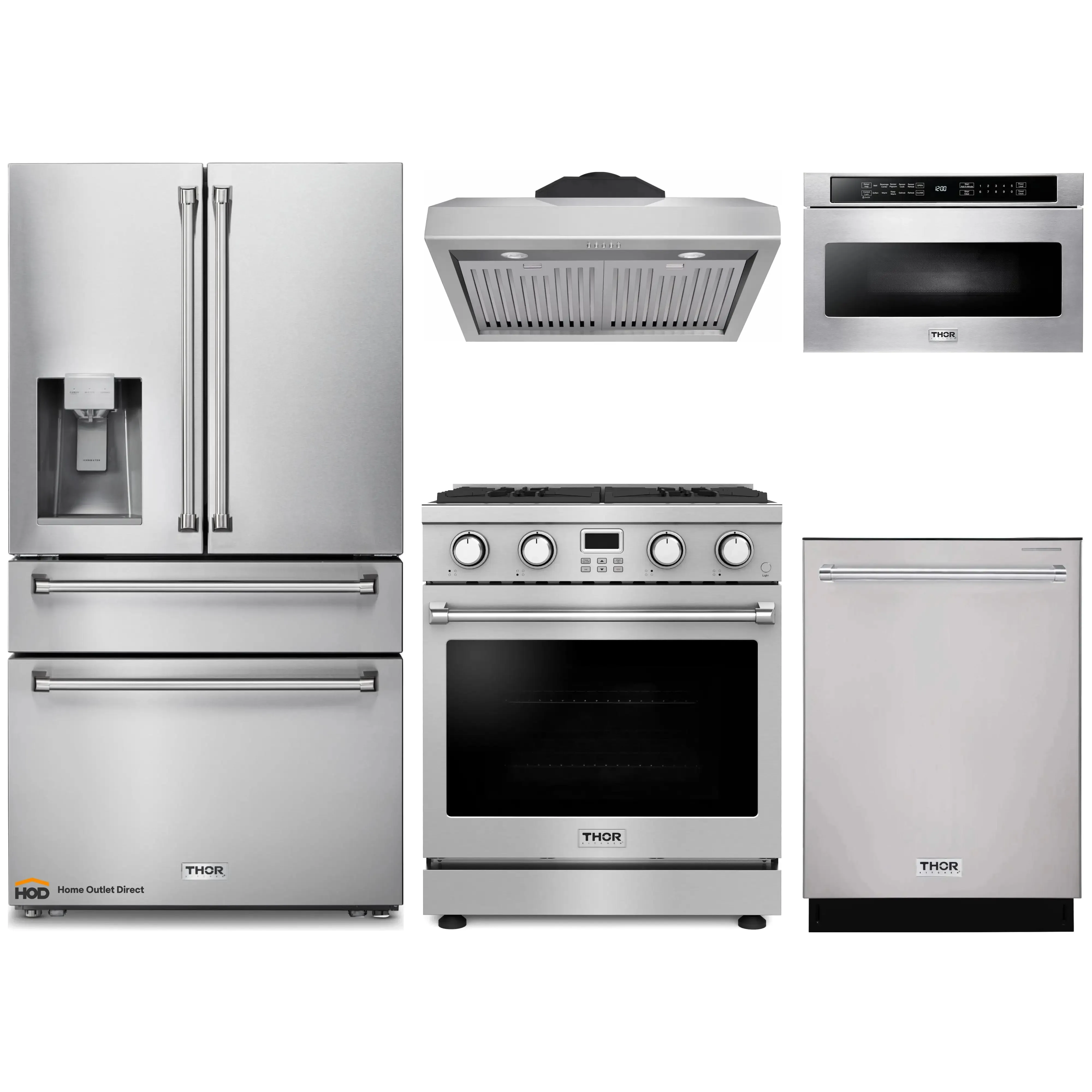 Thor Kitchen 5-Piece Appliance Package - 30-Inch Gas Range, Under Cabinet Range Hood, Refrigerator with Water Dispenser, Dishwasher, and Microwave in Stainless Steel