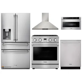 Thor Kitchen 5-Piece Appliance Package - 30-Inch Gas Range, Wall Mount Range Hood, Refrigerator with Water Dispenser, Dishwasher, and Microwave in Stainless Steel