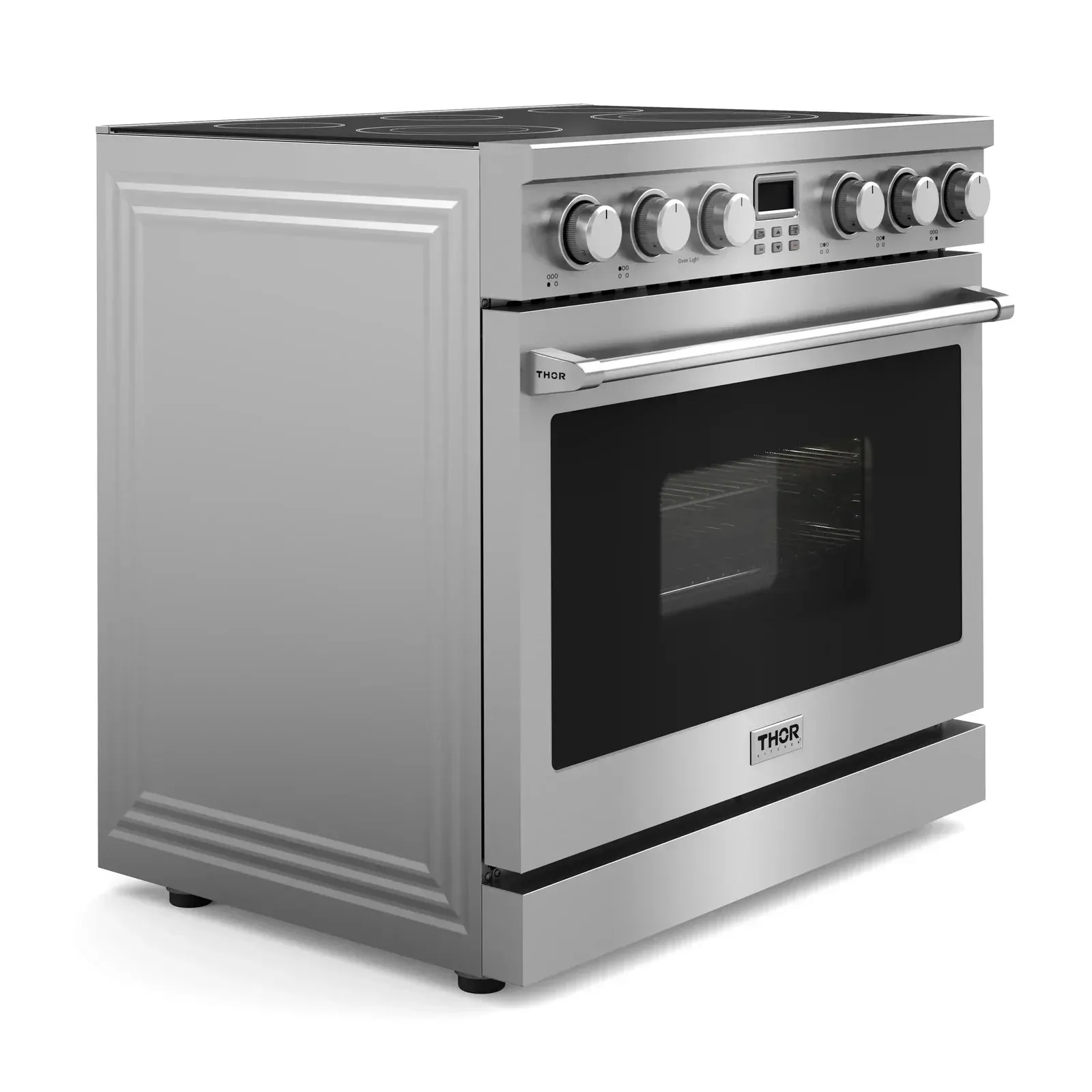 Thor Kitchen 5-Piece Appliance Package - 36-Inch Electric Range, Pro-Style Wall Mount Range Hood, Refrigerator with Water Dispenser, Dishwasher, and Microwave in Stainless Steel