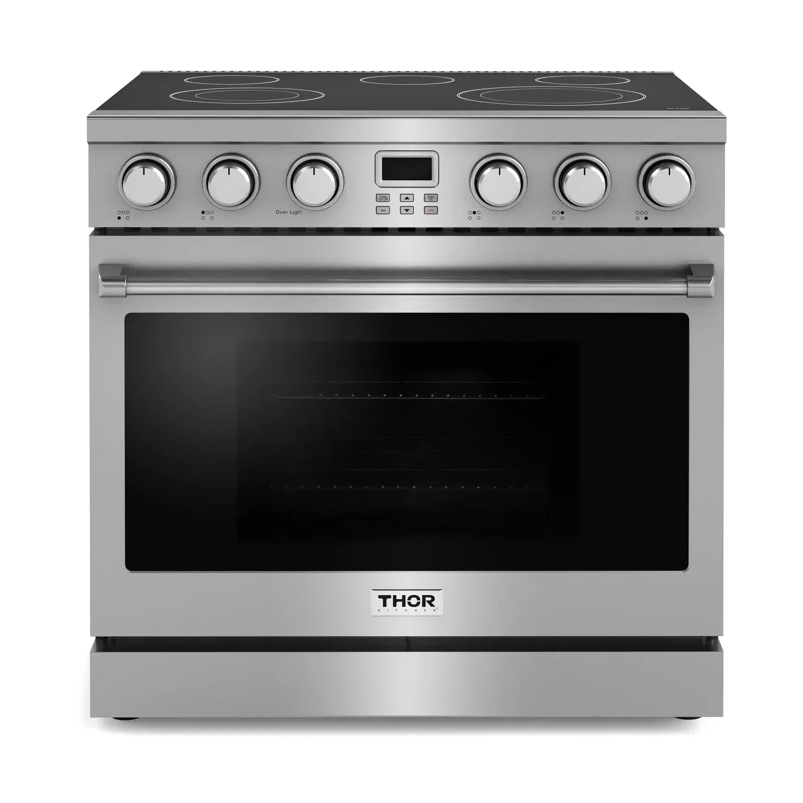 Thor Kitchen 5-Piece Appliance Package - 36-Inch Electric Range, Pro-Style Wall Mount Range Hood, Refrigerator with Water Dispenser, Dishwasher, and Microwave in Stainless Steel