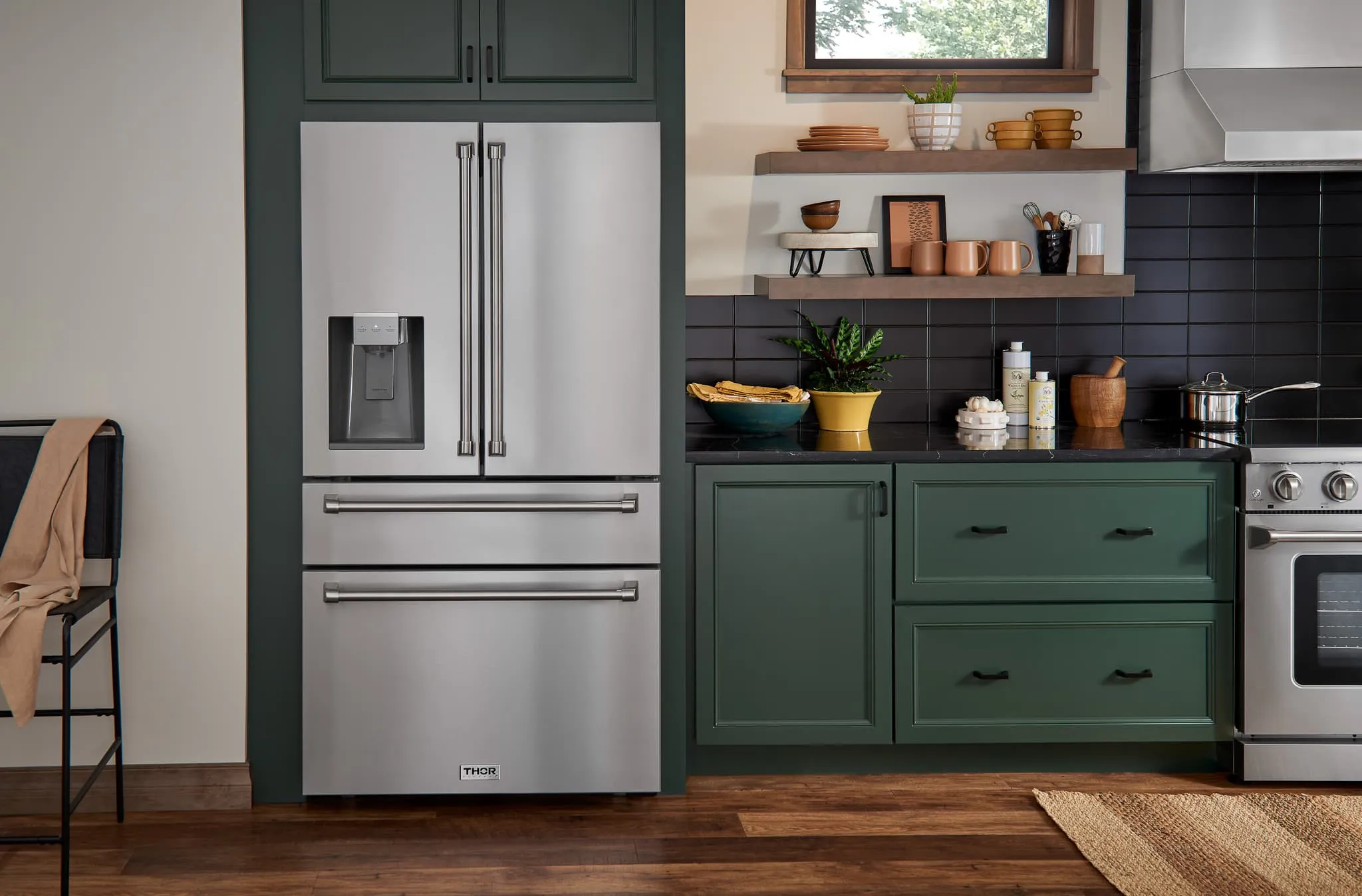 Thor Kitchen 5-Piece Appliance Package - 36-Inch Electric Range, Pro-Style Wall Mount Range Hood, Refrigerator with Water Dispenser, Dishwasher, and Microwave in Stainless Steel