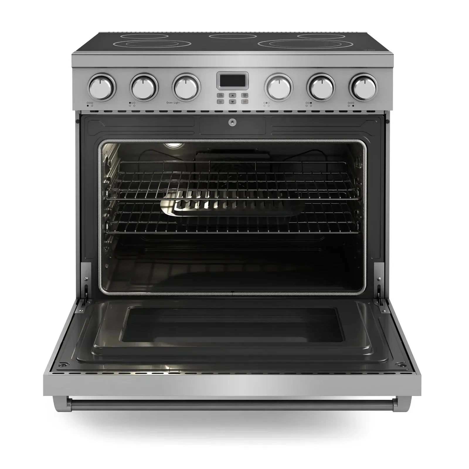 Thor Kitchen 5-Piece Appliance Package - 36-Inch Electric Range, Pro-Style Wall Mount Range Hood, Refrigerator with Water Dispenser, Dishwasher, and Microwave in Stainless Steel