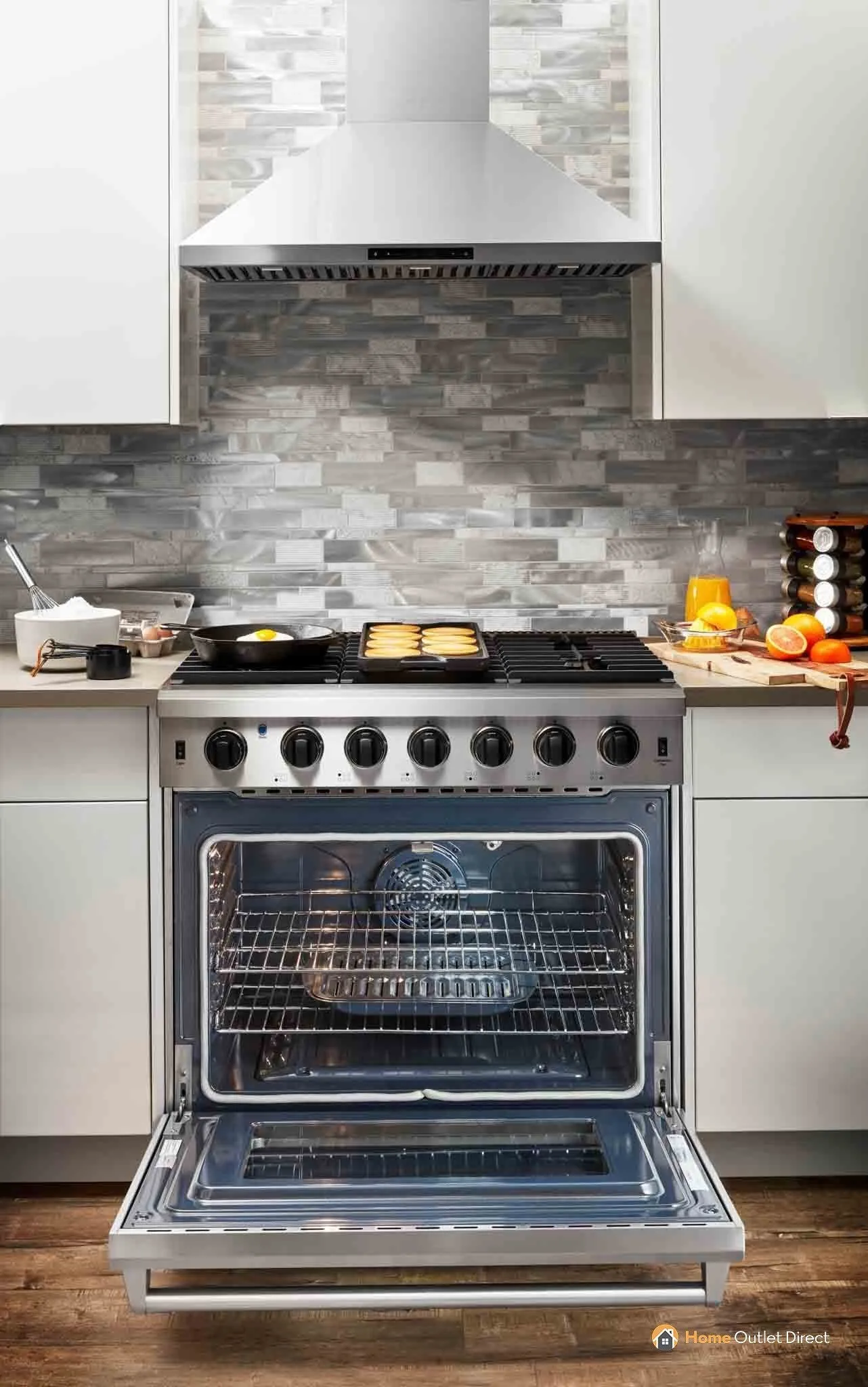 Thor Kitchen 5-Piece Appliance Package - 36-Inch Gas Range, French Door Refrigerator, Wall Mount Hood, Dishwasher, and Microwave Drawer in Stainless Steel