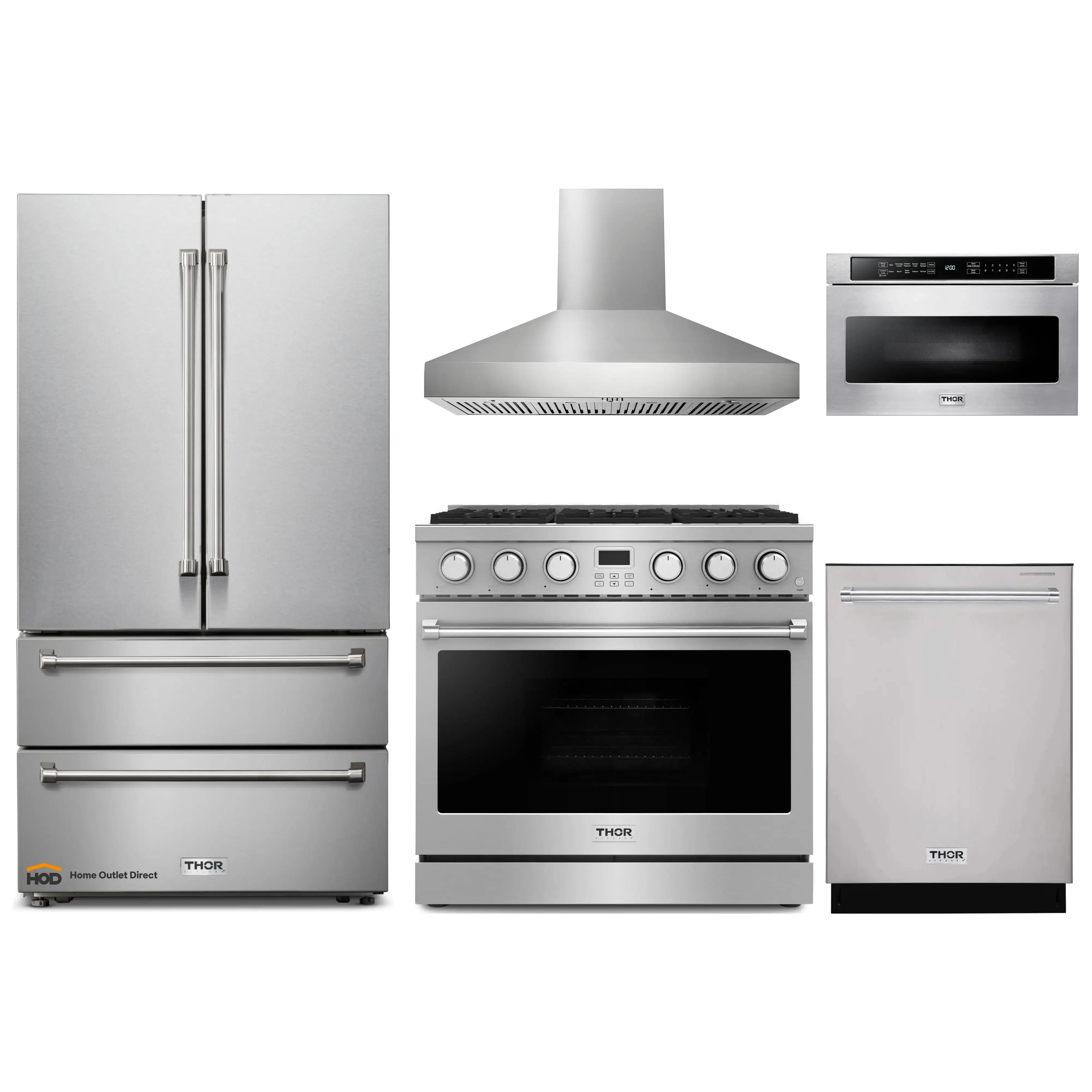 Thor Kitchen 5-Piece Appliance Package - 36-Inch Gas Range, Pro-Style Wall Mount Range Hood, Refrigerator, Dishwasher, and Microwave in Stainless Steel