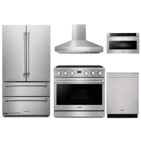 Thor Kitchen 5-Piece Appliance Package - 36-Inch Gas Range, Pro-Style Wall Mount Range Hood, Refrigerator, Dishwasher, and Microwave in Stainless Steel