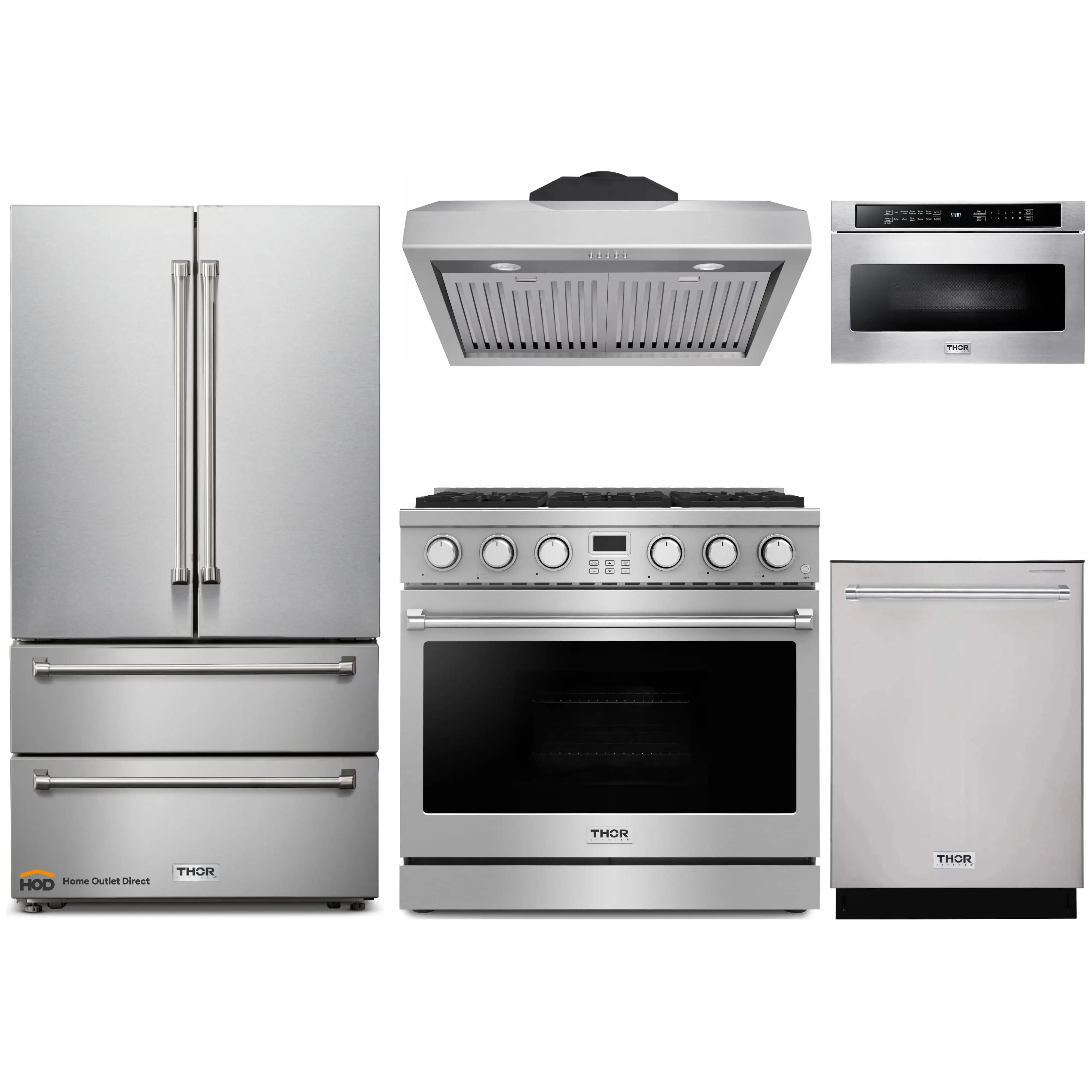Thor Kitchen 5-Piece Appliance Package - 36-Inch Gas Range, Under Cabinet Range Hood, Refrigerator, Dishwasher, and Microwave in Stainless Steel