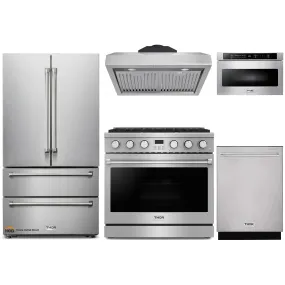 Thor Kitchen 5-Piece Appliance Package - 36-Inch Gas Range, Under Cabinet Range Hood, Refrigerator, Dishwasher, and Microwave in Stainless Steel
