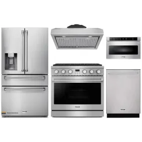 Thor Kitchen 5-Piece Appliance Package - 36-Inch Gas Range, Under Cabinet Range Hood, Refrigerator with Water Dispenser, Dishwasher, and Microwave in Stainless Steel