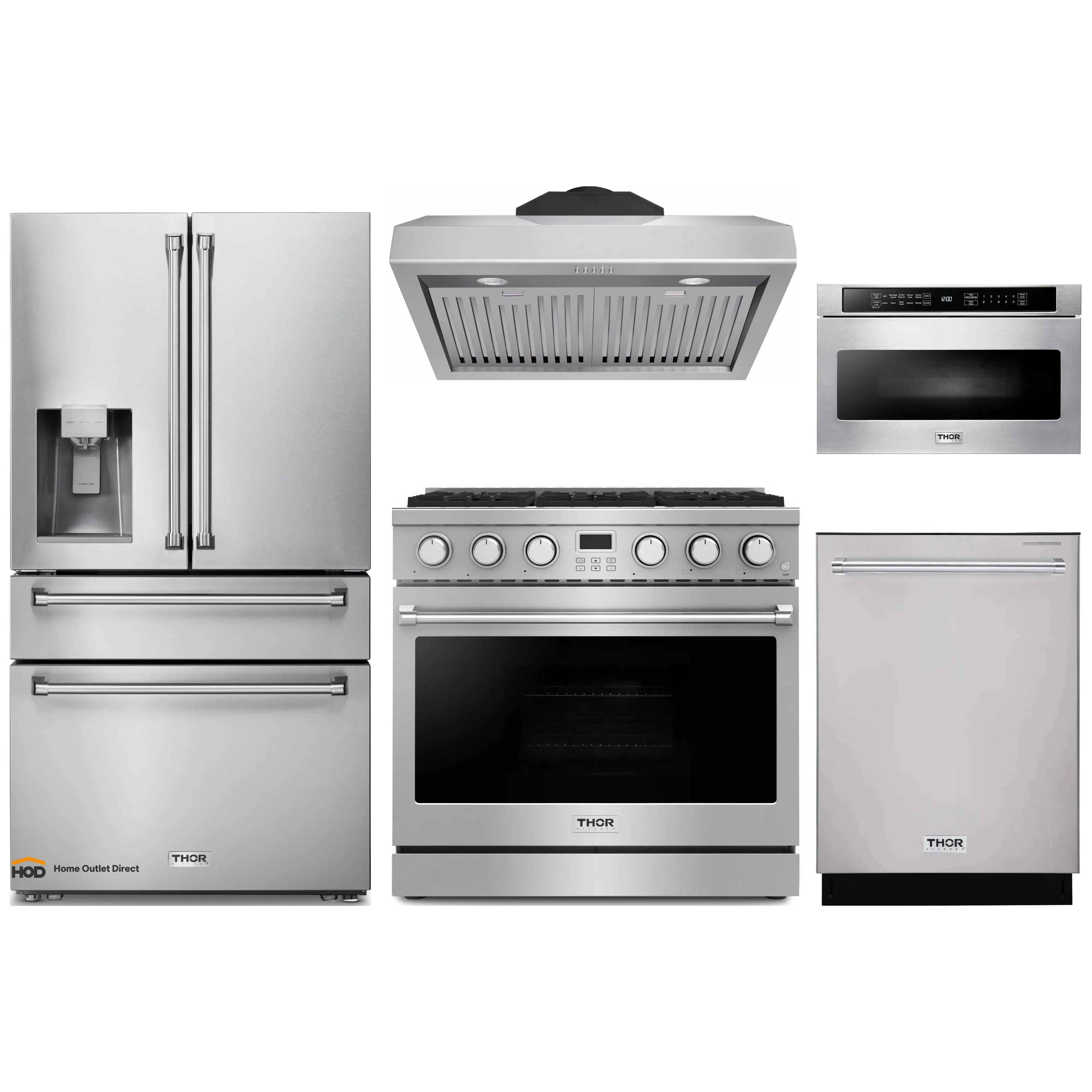 Thor Kitchen 5-Piece Appliance Package - 36-Inch Gas Range, Under Cabinet Range Hood, Refrigerator with Water Dispenser, Dishwasher, and Microwave in Stainless Steel