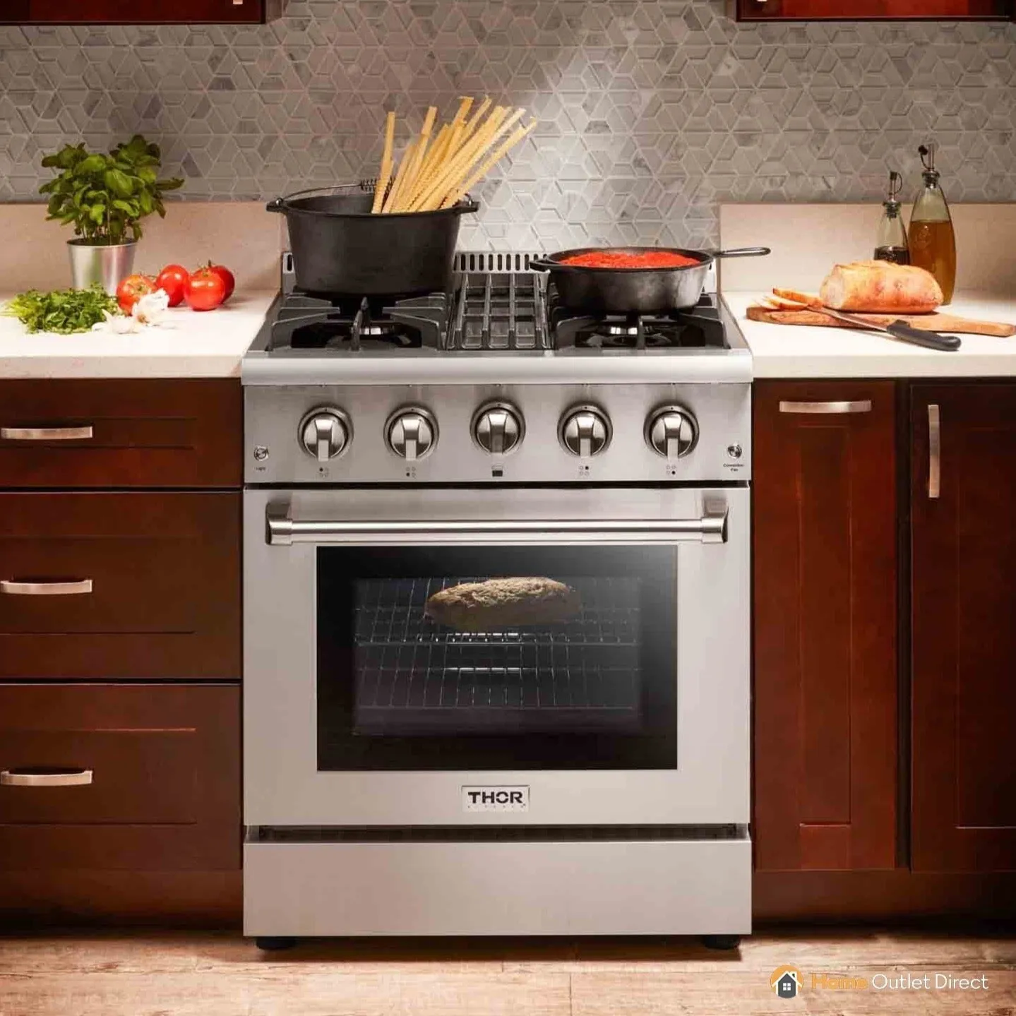 Thor Kitchen 5-Piece Pro Appliance Package - 30-Inch Dual Fuel Range, French Door Refrigerator, Pro-Style Wall Mount Hood, Dishwasher, and Microwave Drawer in Stainless Steel