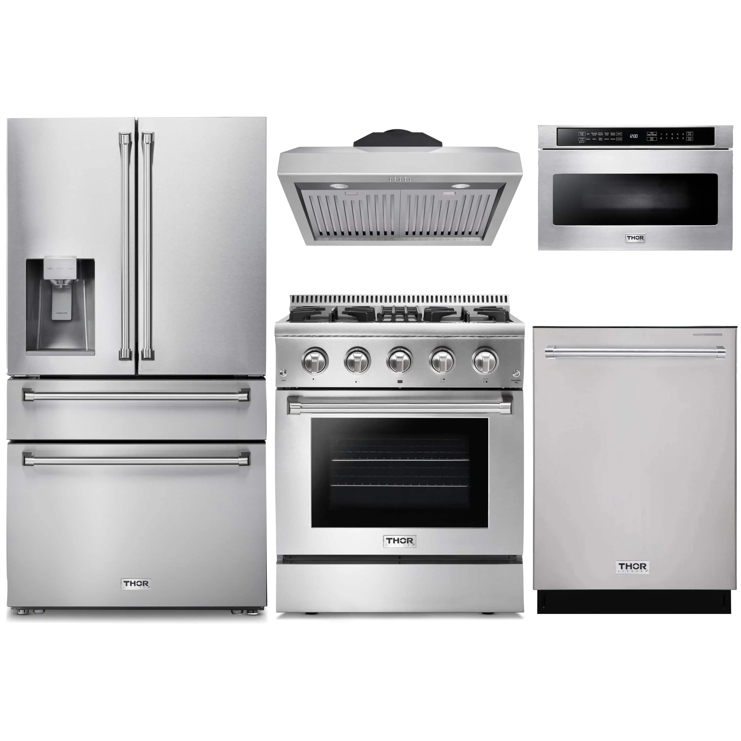 Thor Kitchen 5-Piece Pro Appliance Package - 30-Inch Dual Fuel Range, Refrigerator with Water Dispenser, Under Cabinet Hood, Dishwasher, & Microwave Drawer in Stainless Steel