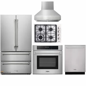 Thor Kitchen 5-Piece Pro Appliance Package - 30-Inch Gas Cooktop, Electric Wall Oven, Wall Mount Hood, Dishwasher & Refrigerator in Stainless Steel