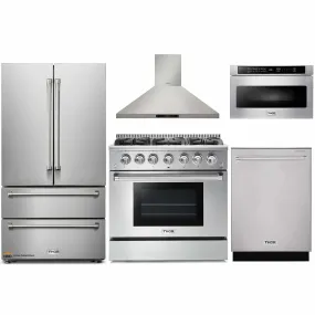 Thor Kitchen 5-Piece Pro Appliance Package - 36-Inch Gas Range, French Door Refrigerator, Wall Mount Hood, Dishwasher, and Microwave Drawer in Stainless Steel