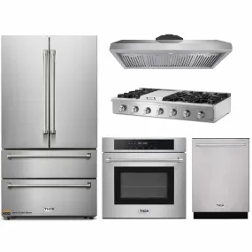 Thor Kitchen 5-Piece Pro Appliance Package - 48-Inch Rangetop, Electric Wall Oven, Under Cabinet 11-Inch Tall Hood, Dishwasher & Refrigerator in Stainless Steel