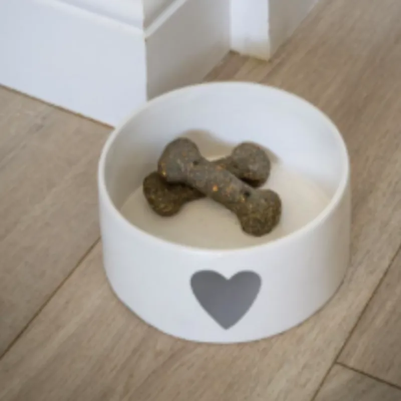White Dog Bowl With Grey Heart Design